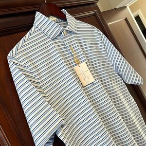 Brand New Peter Millar Blue & White Striped Crown Sport Performance Golf Polo!